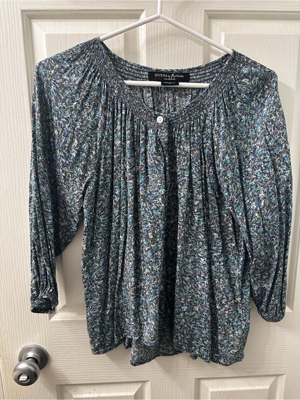 Guess by Marciano Blue Multi-Print Smocked Yoke Blouse